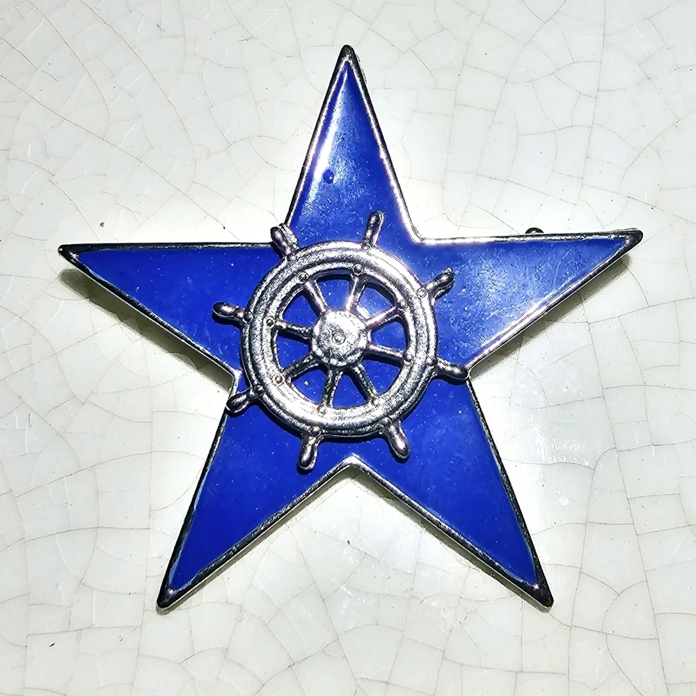 Brilliant blue 5 point star captains wheel brooch sailor, ship nautical old 💰